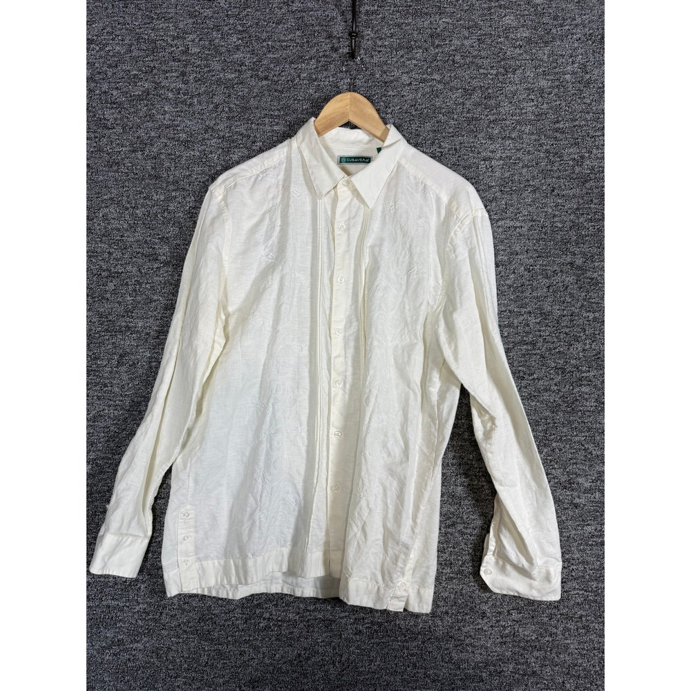 Cubavera Mens Off White Linen Blend Embroidered Pintuck Guayabera Shirt Large